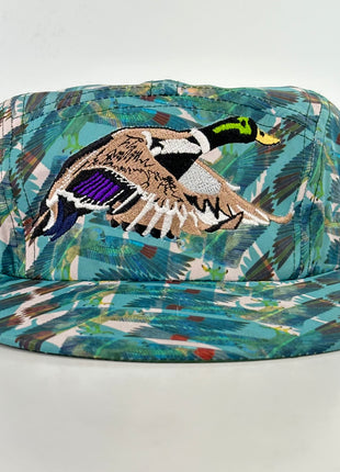 Mallard Duck Hunting on a feathered print 5 panel SnapBack Hat Cap