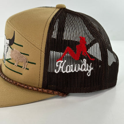 Buffalo & Cow Skull 7 Panel Leather Rope SNAPBACK Mesh Trucker Cap HAT Custom Embroidered