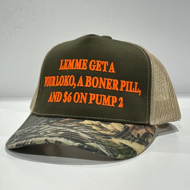 LEMME GET A FOUR LOKO a BONER PILL and $6 on PUMP 2 Khaki Camo Brim Mesh Trucker Hat SnapBack Cap Custom Embroidered