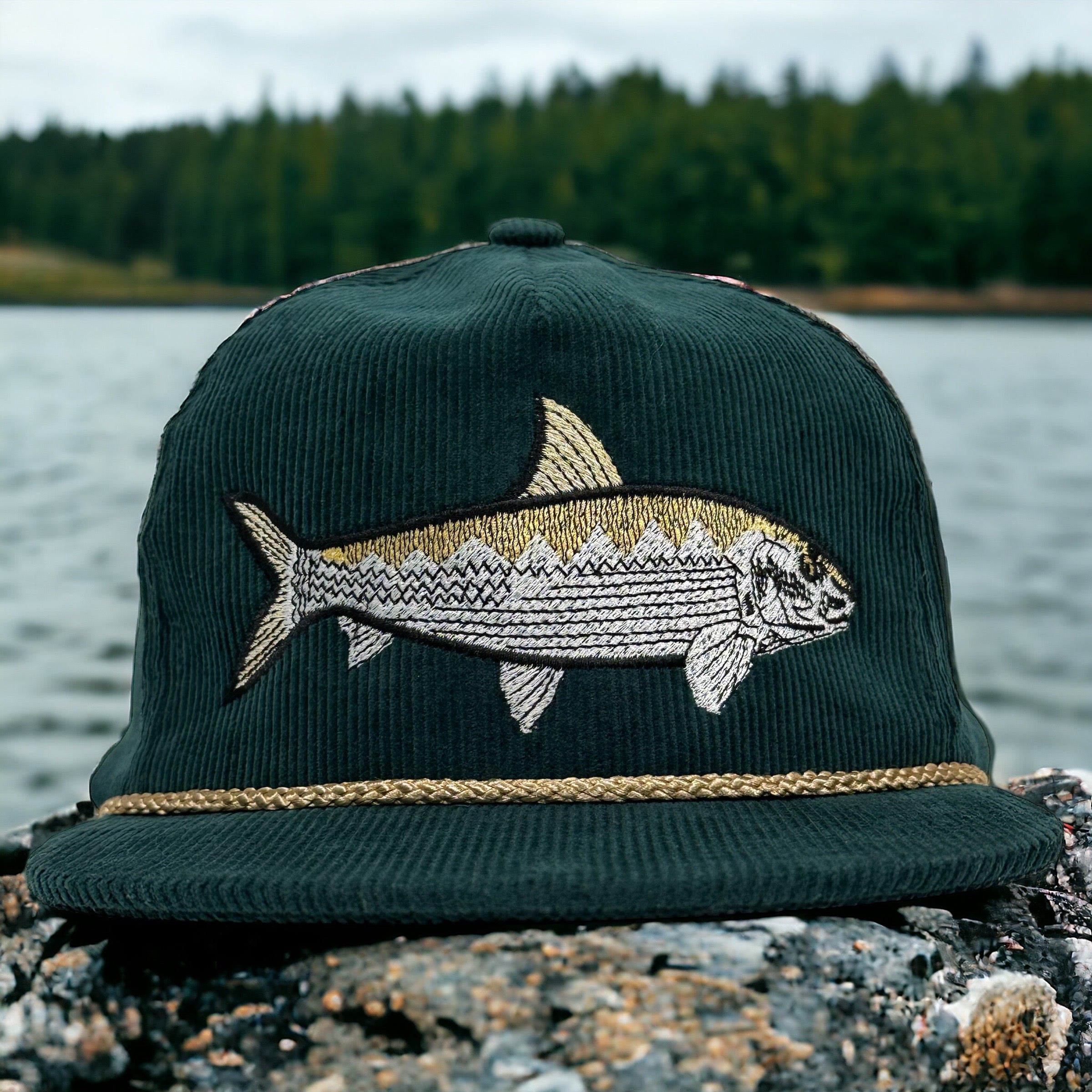 Bonefish Green Corduroy SnapBack Tall Crown Rope Cap Hat Fishing Custom  Embroidery