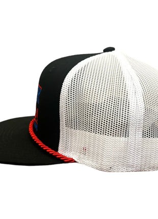 Hawk Tuah 24 and ordered on a black and white mesh SnapBack hat cap with red rope custom embroidery ￼