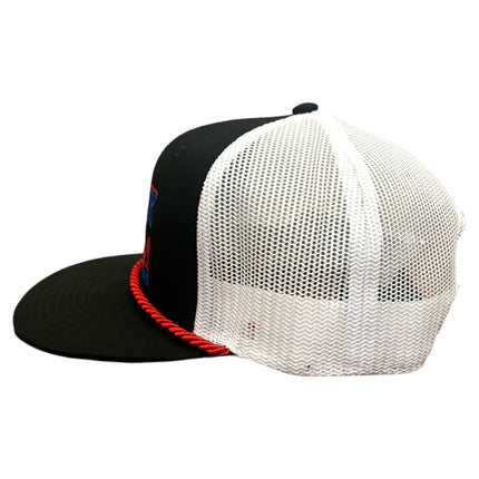 Hawk Tuah 24 and ordered on a black and white mesh SnapBack hat cap with red rope custom embroidery ￼