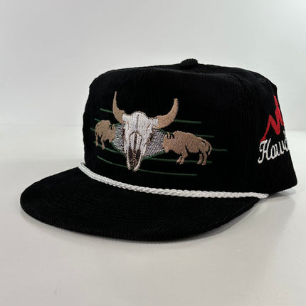 ￼ Buffalo & Cow Skull Rope black corduroy SNAPBACK Cap HAT Custom Embroidered
