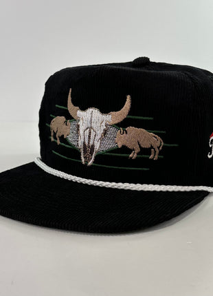 ￼ Buffalo & Cow Skull Rope black corduroy SNAPBACK Cap HAT Custom Embroidered