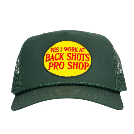 YES I WORK AT BACK SHOTS PRO SHOP Hat Custom Embroidered