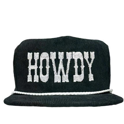 Howdy on a black corduroy rope SnapBack Hat Cap custom embroidery