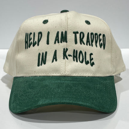 Help I am trapped in a hole custom embroidered green suede brim SnapBack
