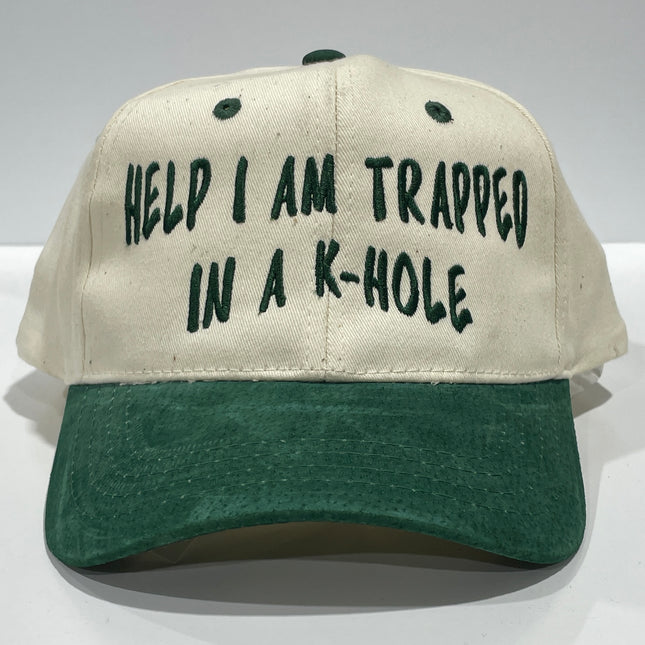 Help I am trapped in a hole custom embroidered green suede brim SnapBack