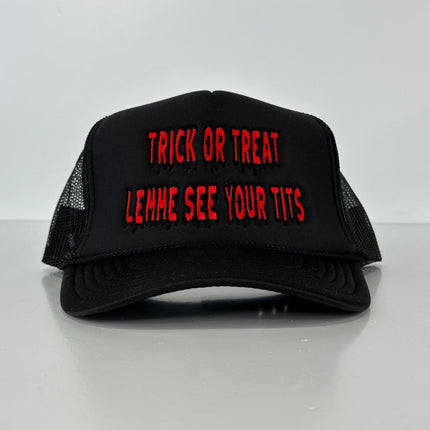 TRICK OR TREAT MESH TRUCKER HAT SNAPBACK CAP FUNNY Halloween Custom Embroidered