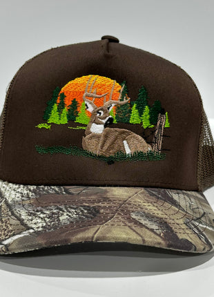 Deer Scenery Dark khaki CAMO Camouflage Brim Mesh Trucker SnapBack Hat Deer Hunting Cap Custom Embroidered