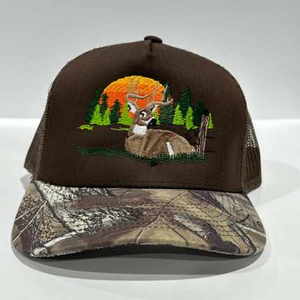 Deer Scenery Dark khaki CAMO Camouflage Brim Mesh Trucker SnapBack Hat Deer Hunting Cap Custom Embroidered