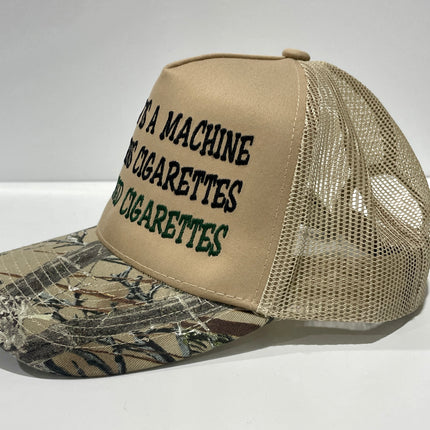 My Body Is A Machine That Turns Cigarettes Into Smoked Cigarettes custom embroidered Camo/tan Mesh SnapBack hat
