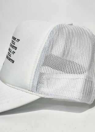 Work it ‘till it hurts Drill it ‘till it squirts custom printed mesh trucker hat SnapBack