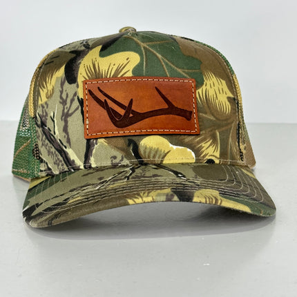 Deer Antler Leather Head Patch SnapBack Camo Hat Cap Sewed On Collab Leather Head Hat Co