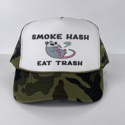 Smoke Hash Eat Trash ￼possum Custom Printed Mesh Trucker Camo SnapBack