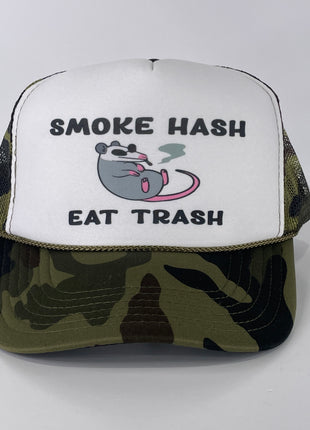 Smoke Hash Eat Trash ￼possum Custom Printed Mesh Trucker Camo SnapBack