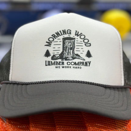 Morning wood lumber company we work hard on a gray and white mesh trucker SnapBack hat cap custom print