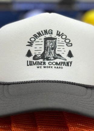 Morning wood lumber company we work hard on a gray and white mesh trucker SnapBack hat cap custom print