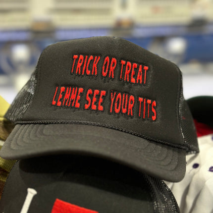 TRICK OR TREAT MESH TRUCKER HAT SNAPBACK CAP FUNNY Halloween Custom Embroidered