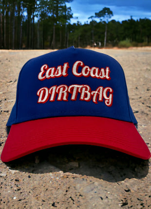 East Coast dirtbag on a blue and red snapback hat cap Collab cut the activist custom embroidery ￼