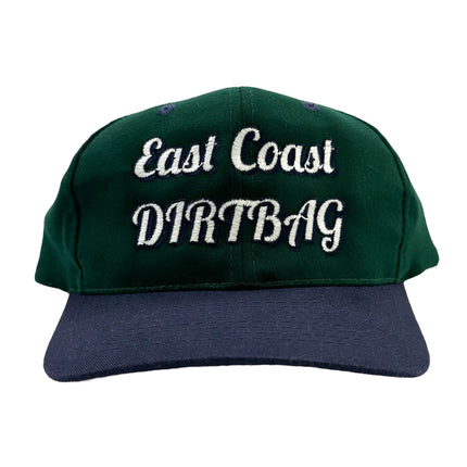 East Coast dirtbag on a blue and green strap back hat cap Collab cut the activist custom embroidery ￼