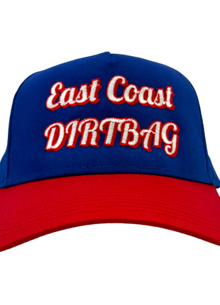 East Coast dirtbag on a blue and red snapback hat cap Collab cut the activist custom embroidery ￼