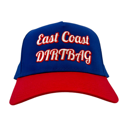 East Coast dirtbag on a blue and red snapback hat cap Collab cut the activist custom embroidery ￼