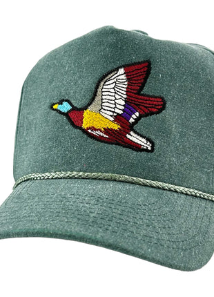 Mallard bird duck hunting on a green trucker SnapBack hat cap custom embroidery