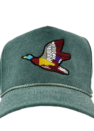 Mallard bird duck hunting on a green trucker SnapBack hat cap custom embroidery