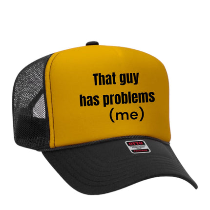 Custom order. This guy has problems (me) on a yellow and black mesh trucker Snapback hat cap custom embroidery