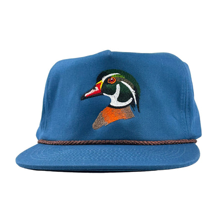 WOOD DUCK on a blue SnapBack hat with rope custom embroidery