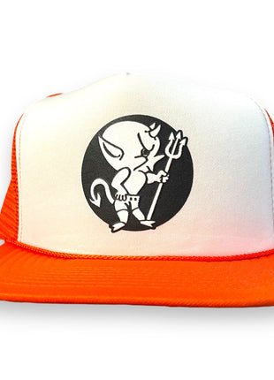 Custom Halloween Devil Boy Vintage White Orange Mesh Trucker Snapback Cap Hat print