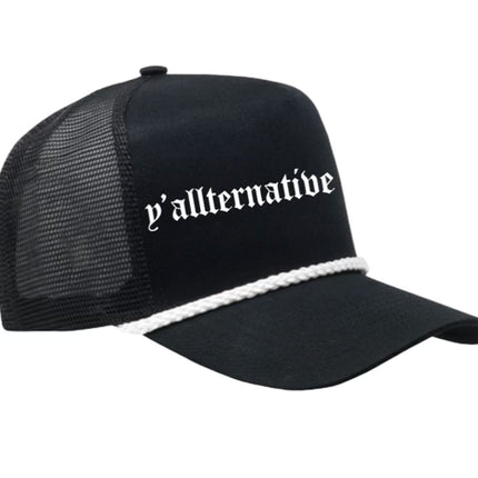 Custom order. Y’ALLTERNATIVE on a black mesh with white rope SnapBack hat cap custom embroidery (All lower case Canterbury font)