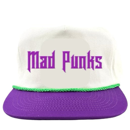Custom order Mad Punks on a purple and white SnapBack hat cap with green rope (font Rademos) custom embroidery