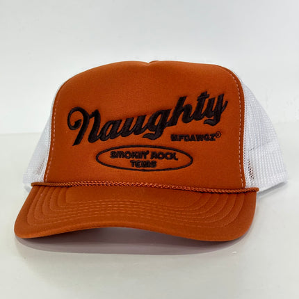 Naughty Smokey Rock Texas on a burnt Orange Trucker Mesh SnapBack Hat Cap Collab Iggyman Custom Embroidery