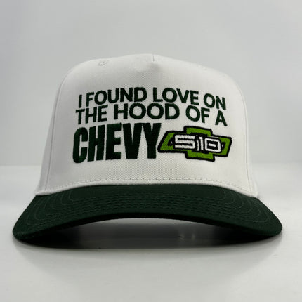 I FOUND LOVE ON THE HOOD OF A CHEVY Vintage Rope Green Brim SnapBack Funny Custom Embroidered