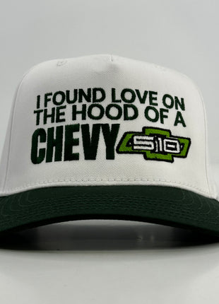 I FOUND LOVE ON THE HOOD OF A CHEVY Vintage Rope Green Brim SnapBack Funny Custom Embroidered