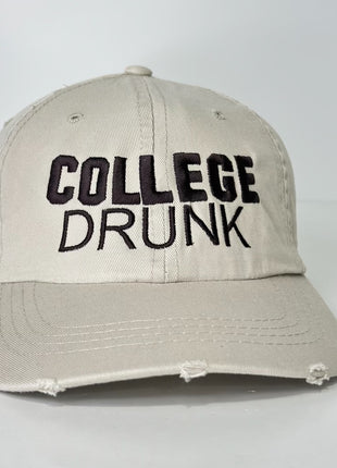 College Drunk on a tan distressed Strapback Hat Cap Custom Embroidery