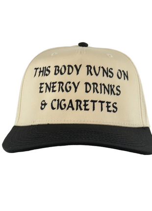 Beige and black cap with text on a white background