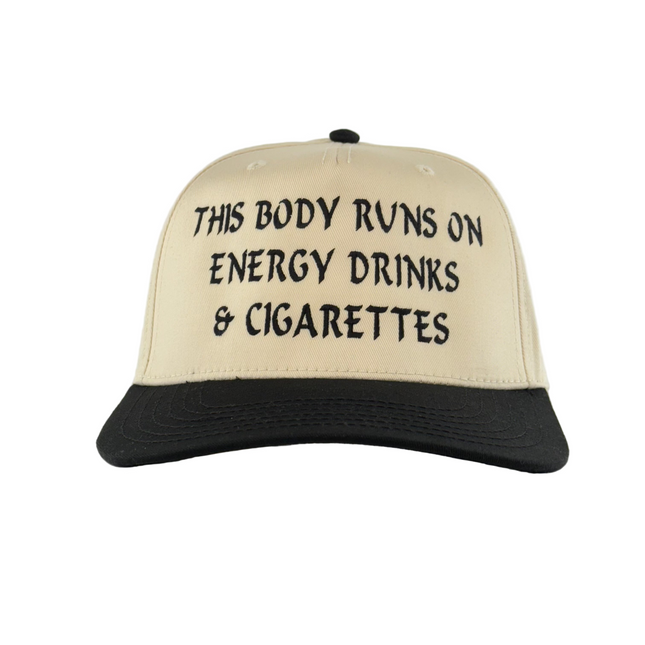 Beige and black cap with text on a white background