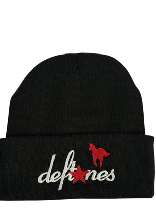 Deftones embroidered on a black beanie ￼
