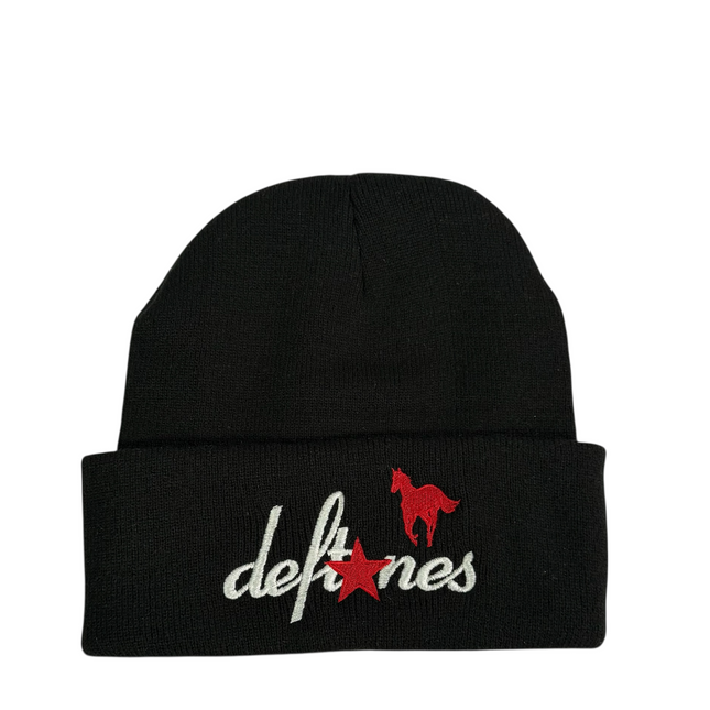 Deftones embroidered on a black beanie ￼