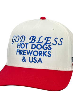 God Bless Hot Dogs Fireworks & USA Hat Custom Embroidered