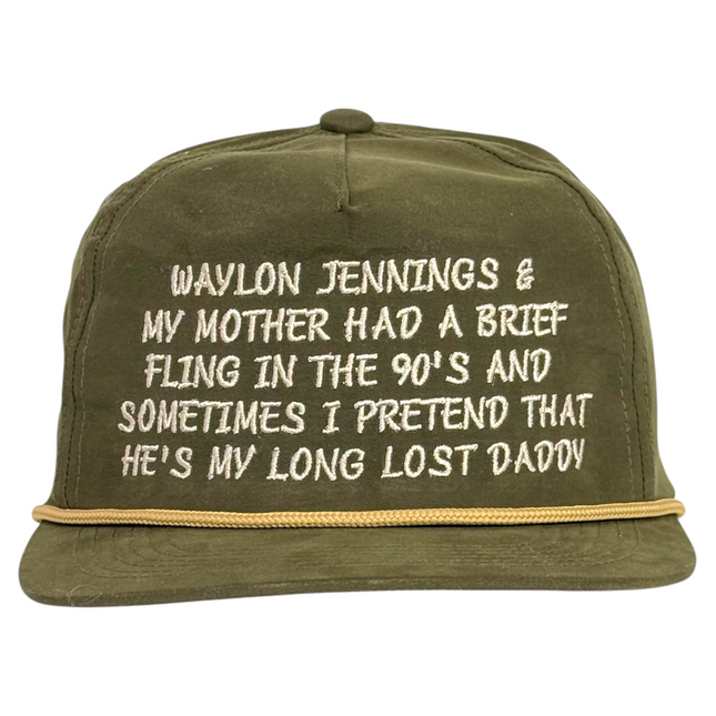 Waylon Jennings and my mother had a brief fling embroidered on a rope SnapBack hat cap