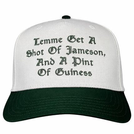 Lemme get a shot of Jameson embroidered on a green and white SnapBack hat cap