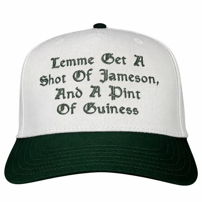 Lemme get a shot of Jameson embroidered on a green and white SnapBack hat cap
