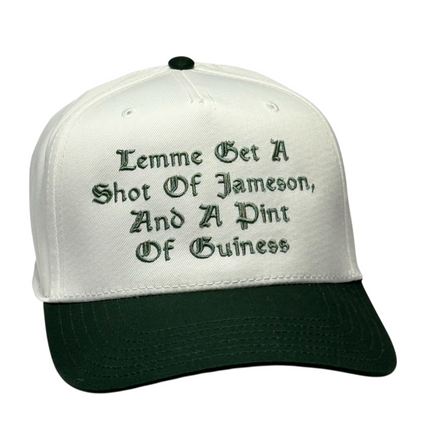 Lemme get a shot of Jameson embroidered on a green and white SnapBack hat cap