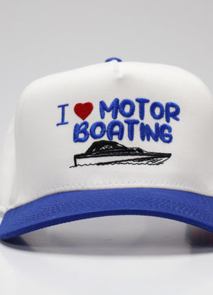 I LOVE MOTOR BOATING Blue Vintage Blue Snapback Cap Hat Funny Custom Embroidered