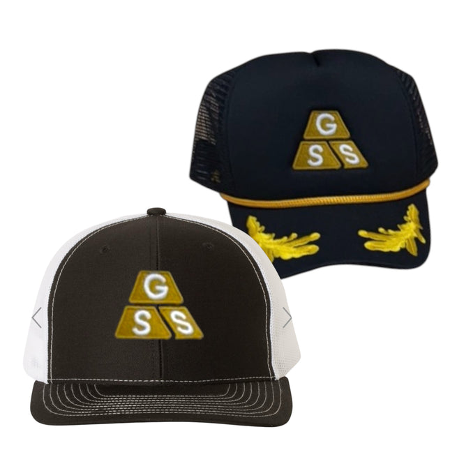 24 Richardson 112 Black/White 2 Otto Black gold leaf hats GSS Logo Production Order Custom Embroidered