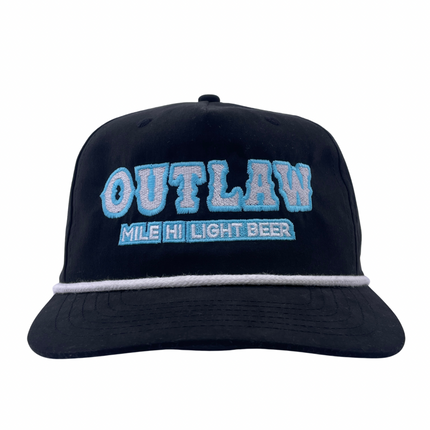 OUTLAW MILE HI LIGHT BEER  BLACK WITH WHITE ROPE SNAPBACK CAP HAT CUSTOM EMBROIDERED